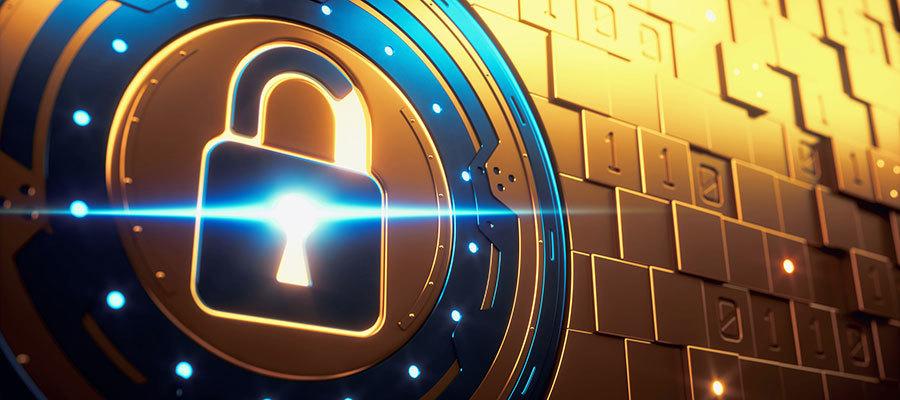 Cybersecurity Lock on Gold Wall