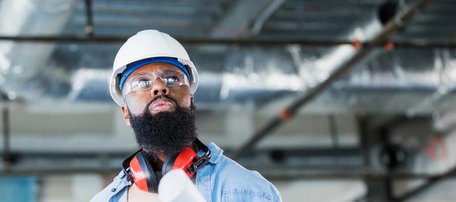 Construction worker looks up
