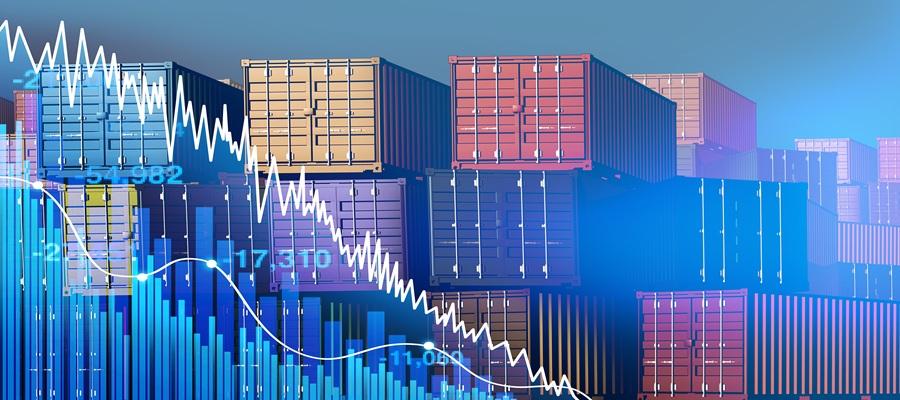 Stacks of shipping containers with a downward sloping trend line superimposed over top